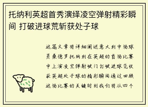 托纳利英超首秀演绎凌空弹射精彩瞬间 打破进球荒斩获处子球 托纳利英超首秀演绎凌空弹射精彩瞬间 打破进球荒斩获处子球